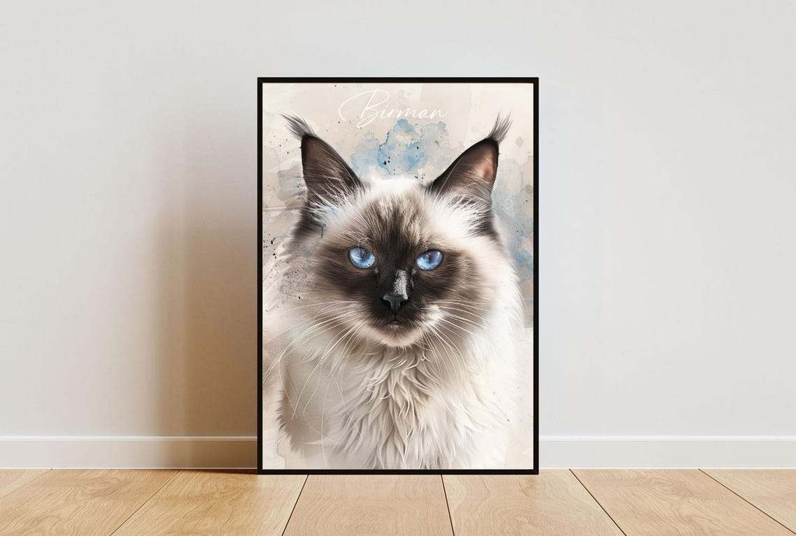 Birman Cat Watercolor Portrait Blue Eyes Elegant Fine Art Poster
