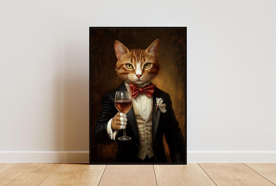 Bengal Cat In Tuxedo Holding Wine Glass Red Bow Tie Portrait Poster