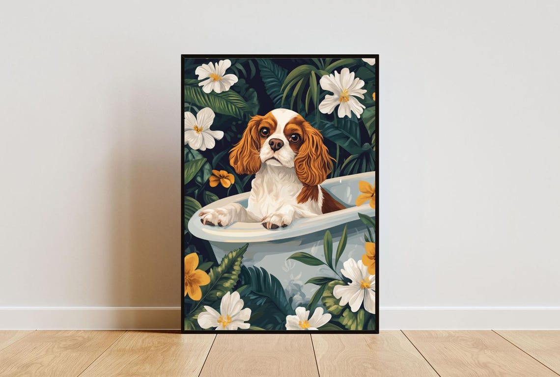 Cavalier King Charles Spaniel in Bathtub Bathroom Floral Art Poster