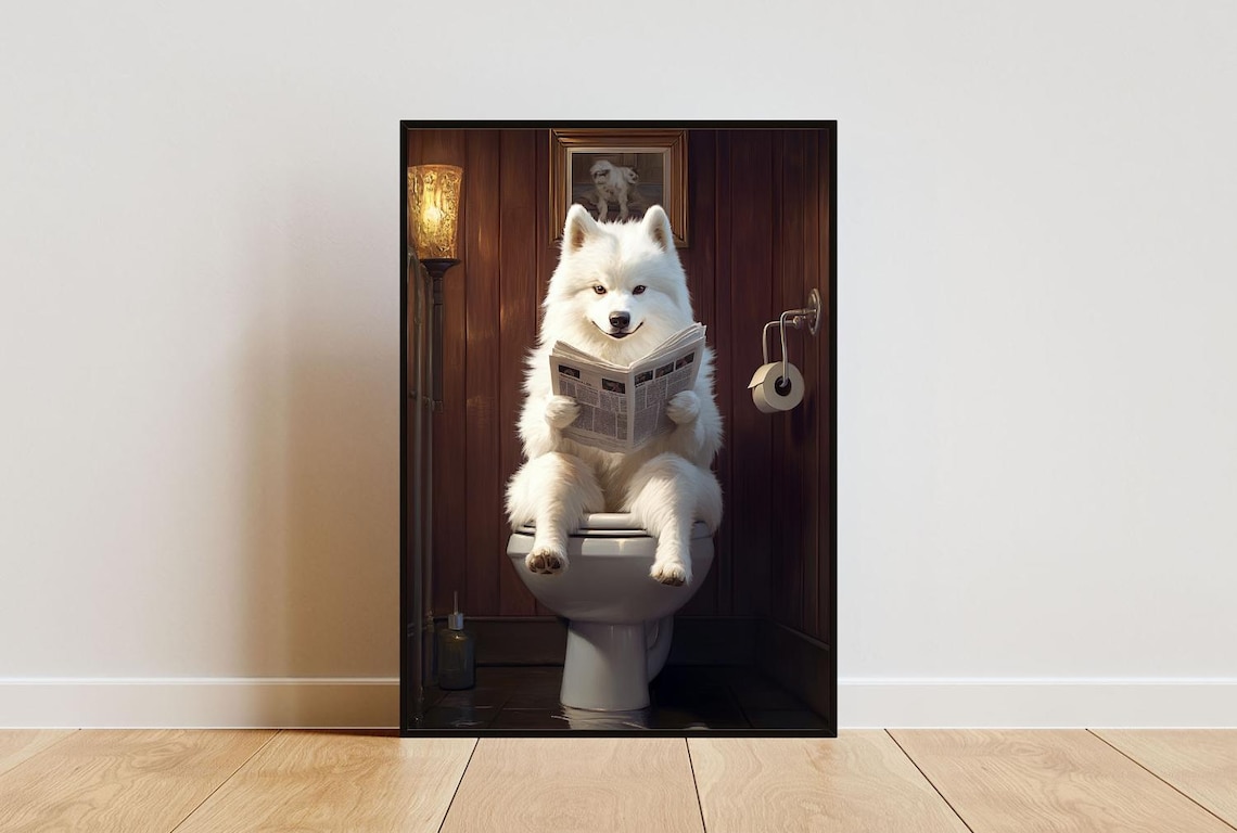 Samoyed On Toilet Bathroom Dog Art Print