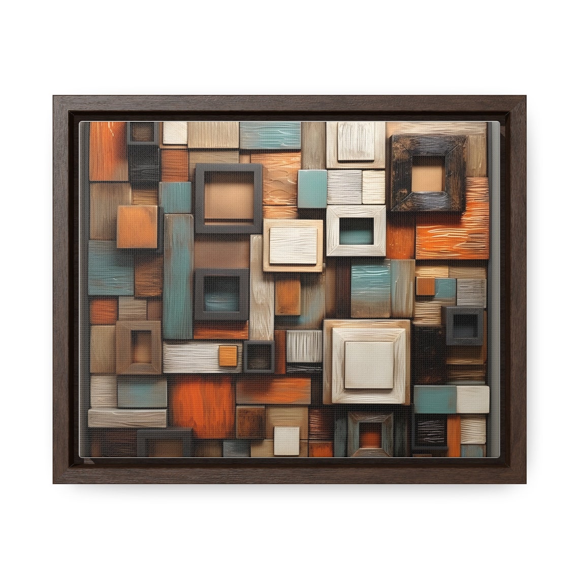 Wooden Geometric Squares Mosaic Orange Teal 3D Relief Art Poster - Image 3