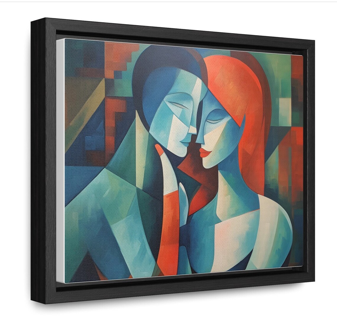 Abstract Tender Embrace of Two Lovers in Cubist Blue and Red Wall Art - Image 2