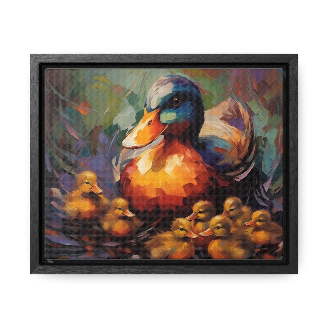 Duck Mother And Ducklings Colorful Oil Painting Charming Bird Poster
