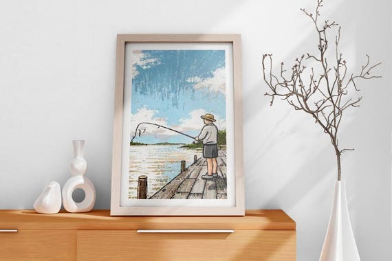 Rustic Fishing Wall Art Vintage Fisherman Illustration On Dock Relaxing Lake Scene Nature Inspired Home Dcor