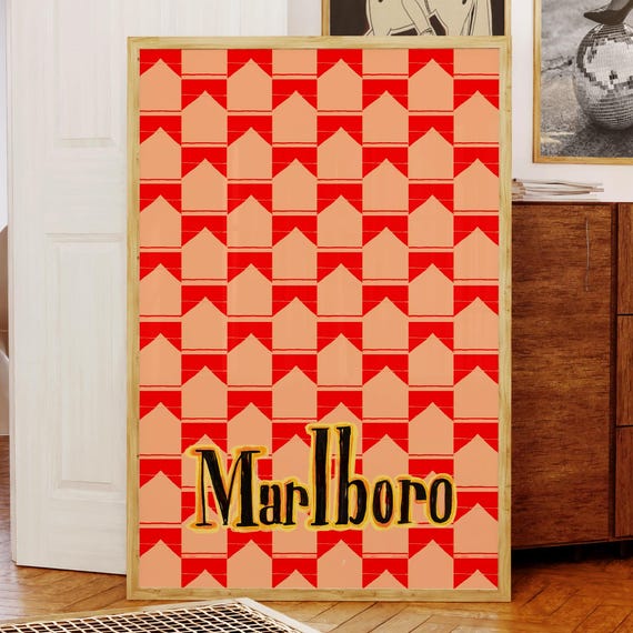 Retro Bar Cart Art Red Wall Poster Marlboro Print Funky Decor Vintage Matchbox Bedroom Trendy
