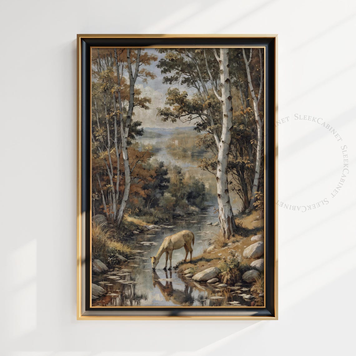 Deer Drinking Forest Stream Birch Trees Nature Painting Poster