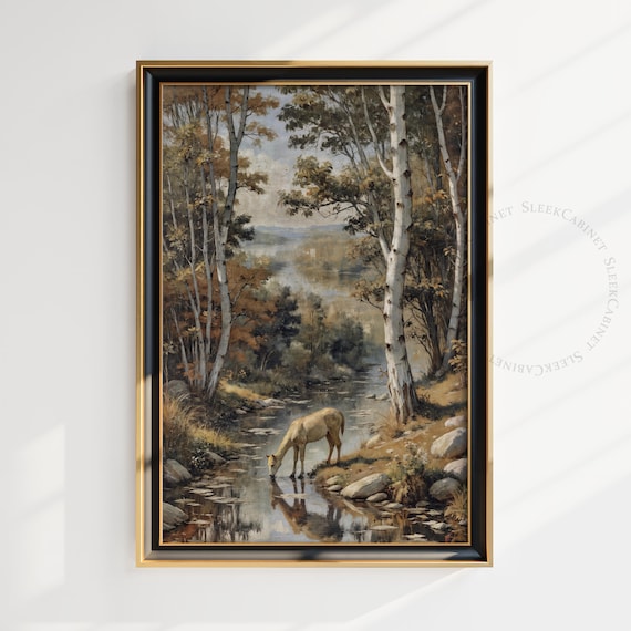 Deer Drinking Forest Stream Birch Trees Nature Painting Poster