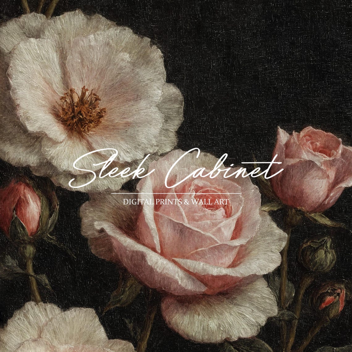 Romantic Pink and White Roses Dark Vintage Floral Still Life Poster - Image 4
