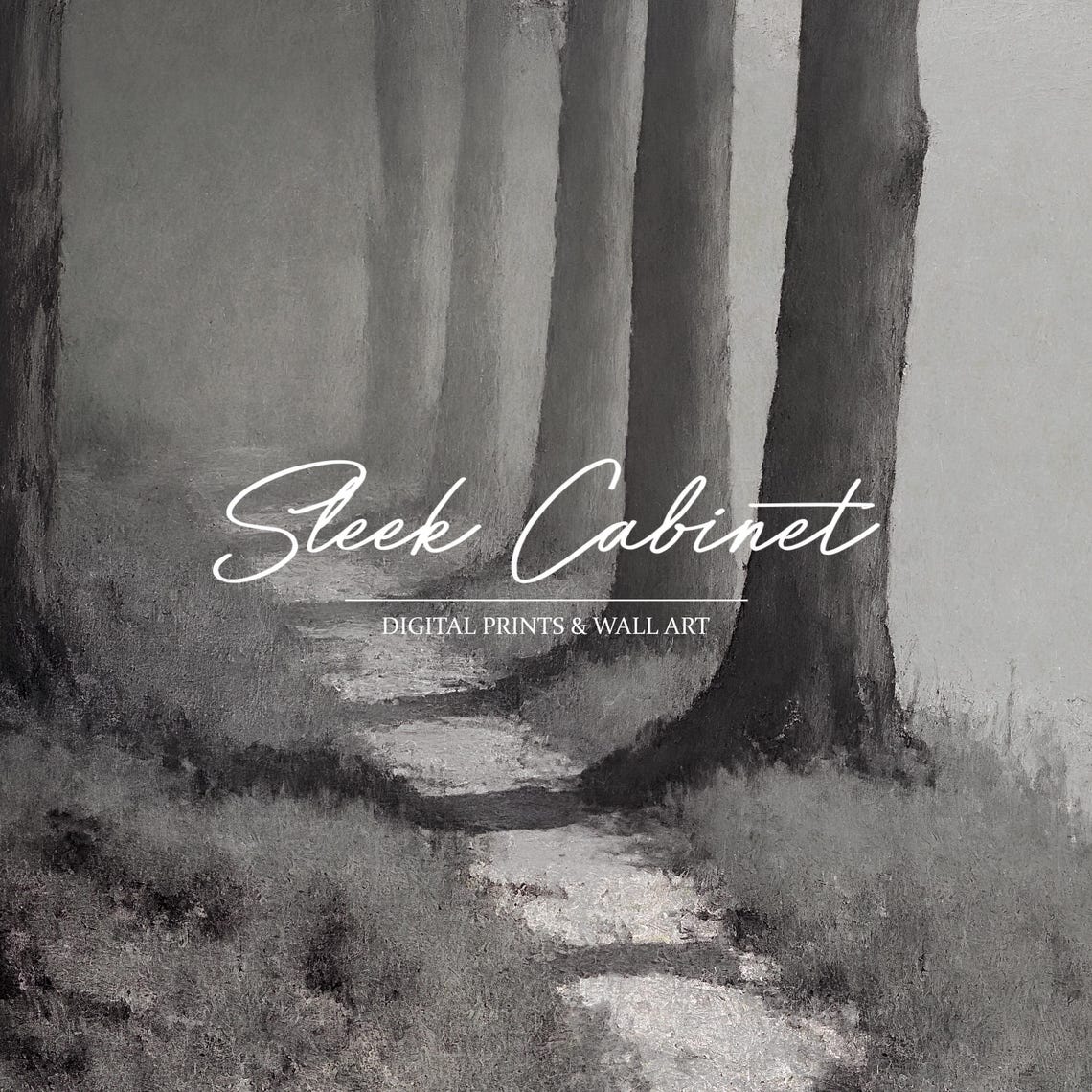 Black and White Misty Forest Path Trees Moody Nature Art Poster - Image 3