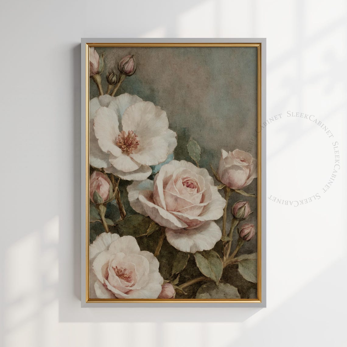 White and Blush Roses with Buds Soft Vintage Botanical Print - Image 2