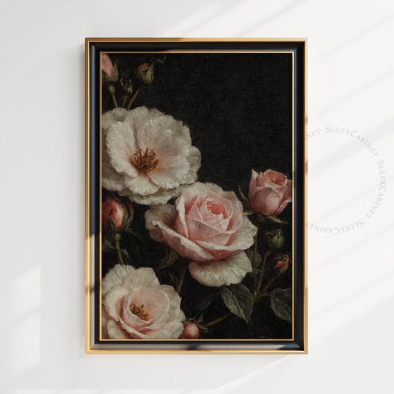 Moody Vintage Flower Print Dark Floral Still Life Oil Painting Dark Academia Wall Art Antique Art Fbhvt2