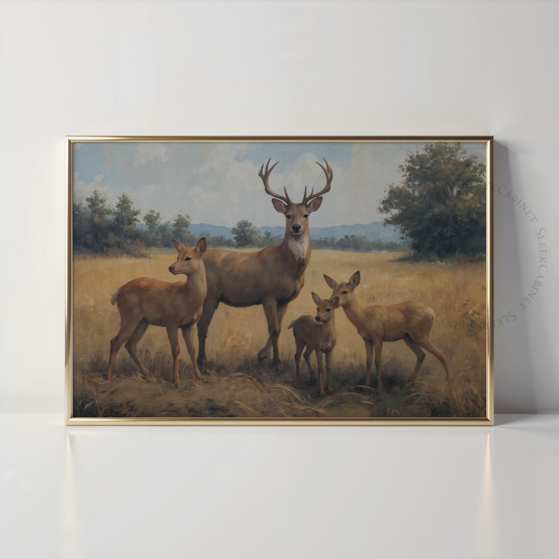 Deer Family Stag Does Fawn Golden Meadow Vintage Wildlife Poster