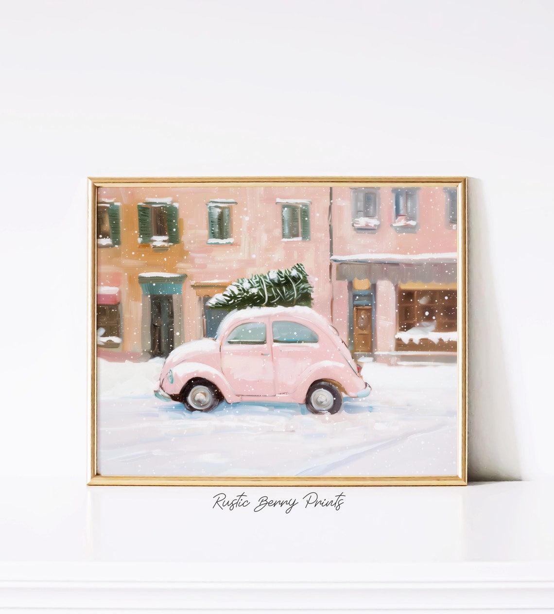 Pink Vintage Car Christmas Tree Snowy Old Town Street Wall Print