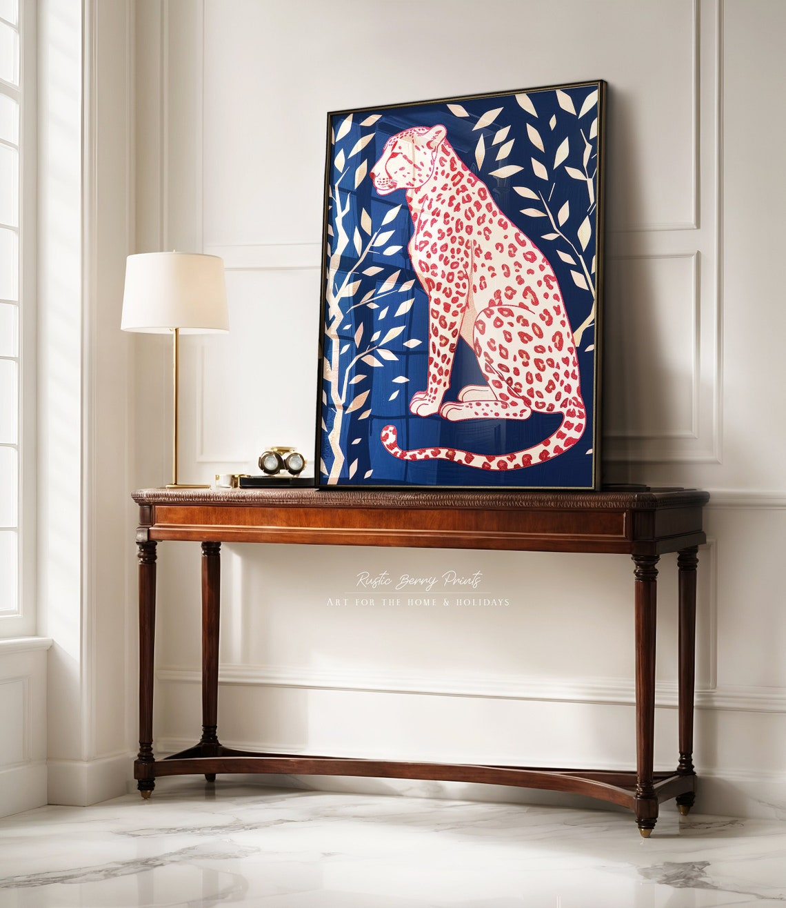Red Spotted Leopard Among White Branches Navy Blue Elegant Wall Art