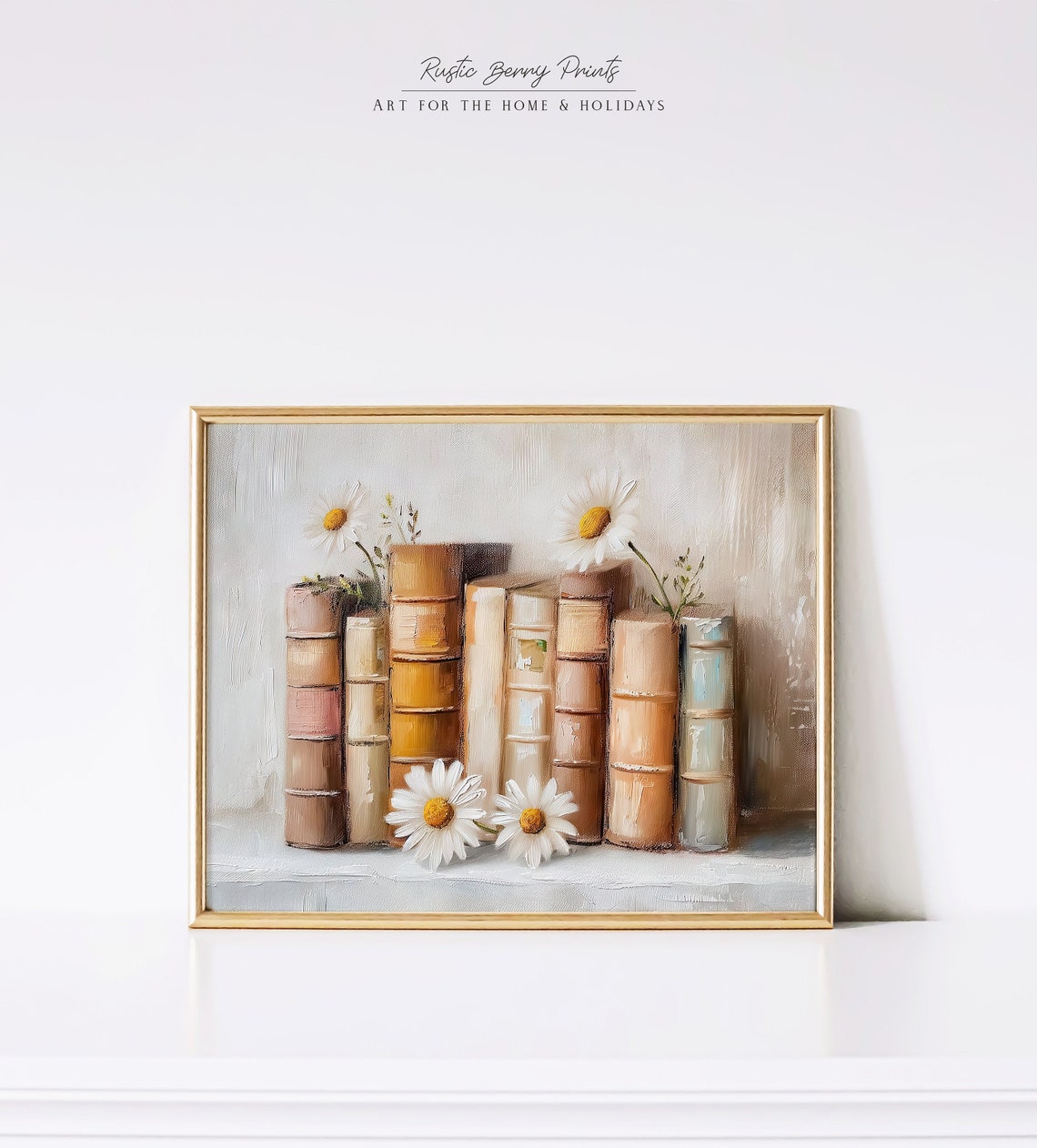 Vintage Books Row With White Daisies Warm Neutral Still Life Art Print