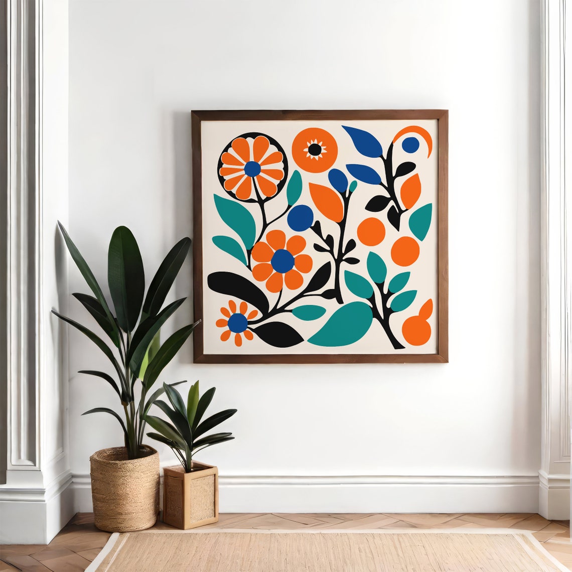 Orange Blue Retro Floral Folk Style Bold Botanical Pattern Print - Image 3