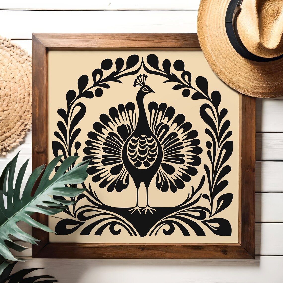 Black Peacock Folk Art Medallion Ornate Bird Scene Art Poster - Image 2