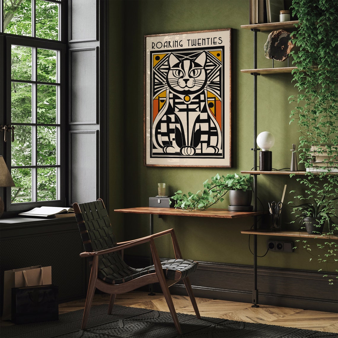 Art Deco Geometric Cat Roaring Twenties Black and Orange Poster - Image 2