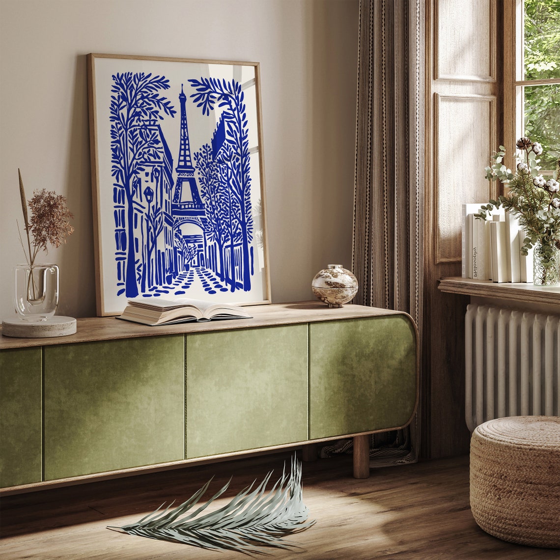 Paris Blue Eiffel Tower Cobblestone Street Linocut Travel Poster - Image 4