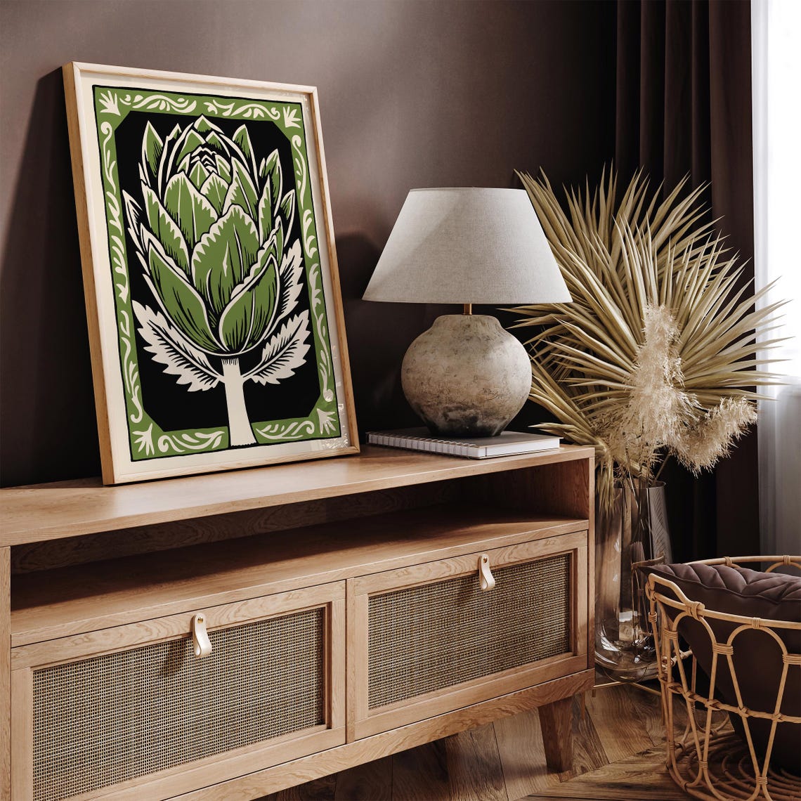 Green Artichoke Linocut in Ornate Border Farmhouse Kitchen Poster - Image 5