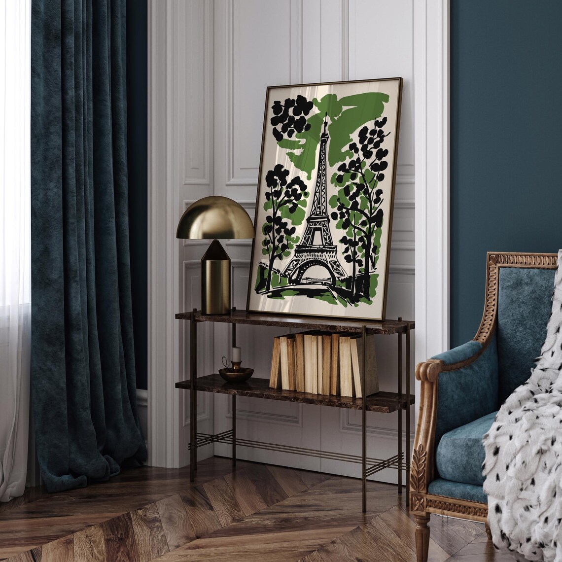 Paris Eiffel Tower Silhouette Art Poster Green France Landscape Wall Art French Home Decor Bohemian Art Print Black Ink Painting Print - Image 4