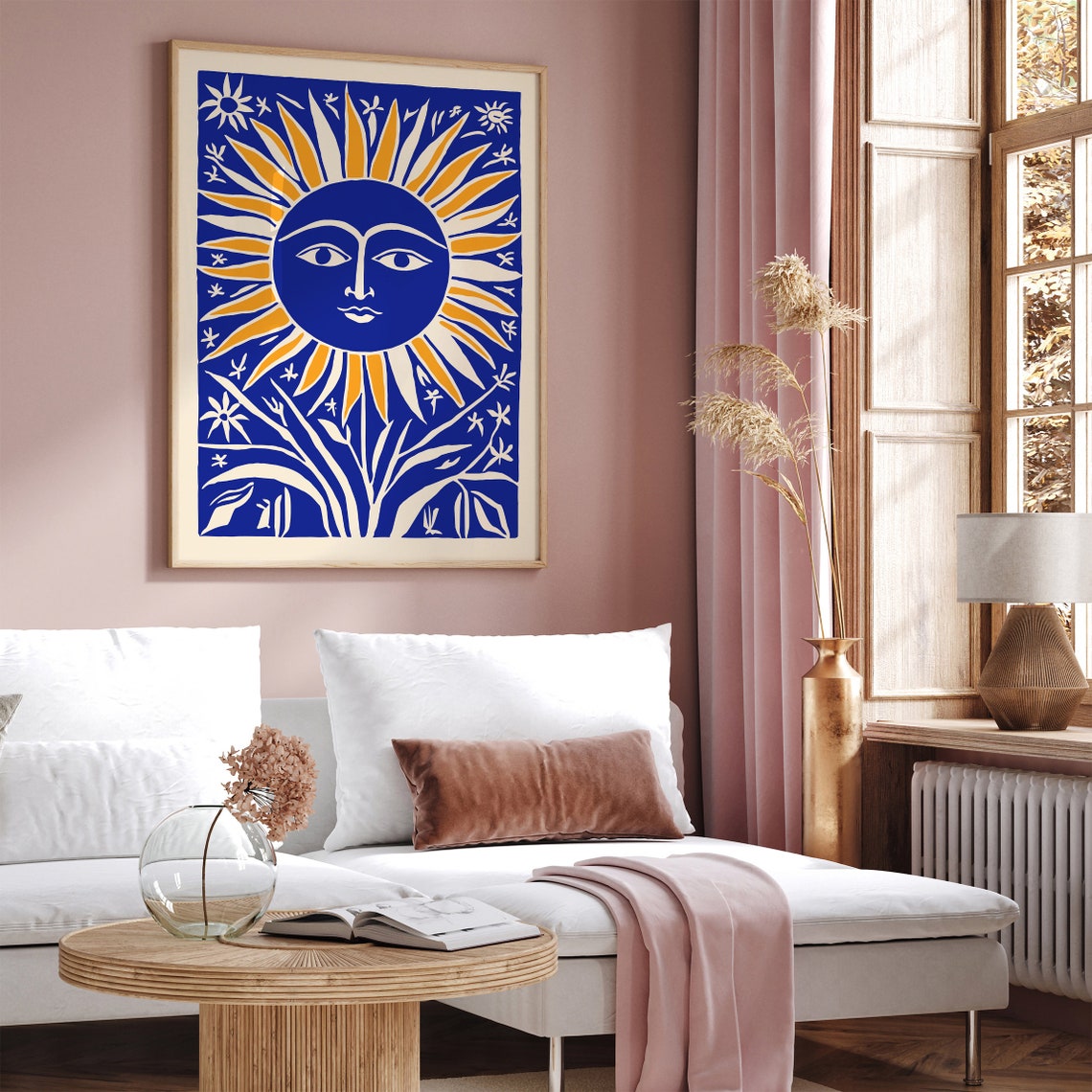 Blue Sun Face Golden Rays Folk Art Linocut Vintage Style Poster - Image 2