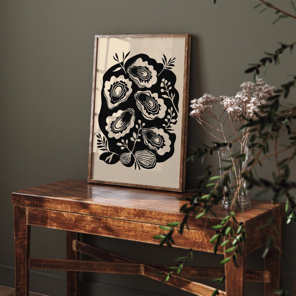 Monochrome Oyster Shells Black and White Nautical Woodcut Style Poster - Image 2