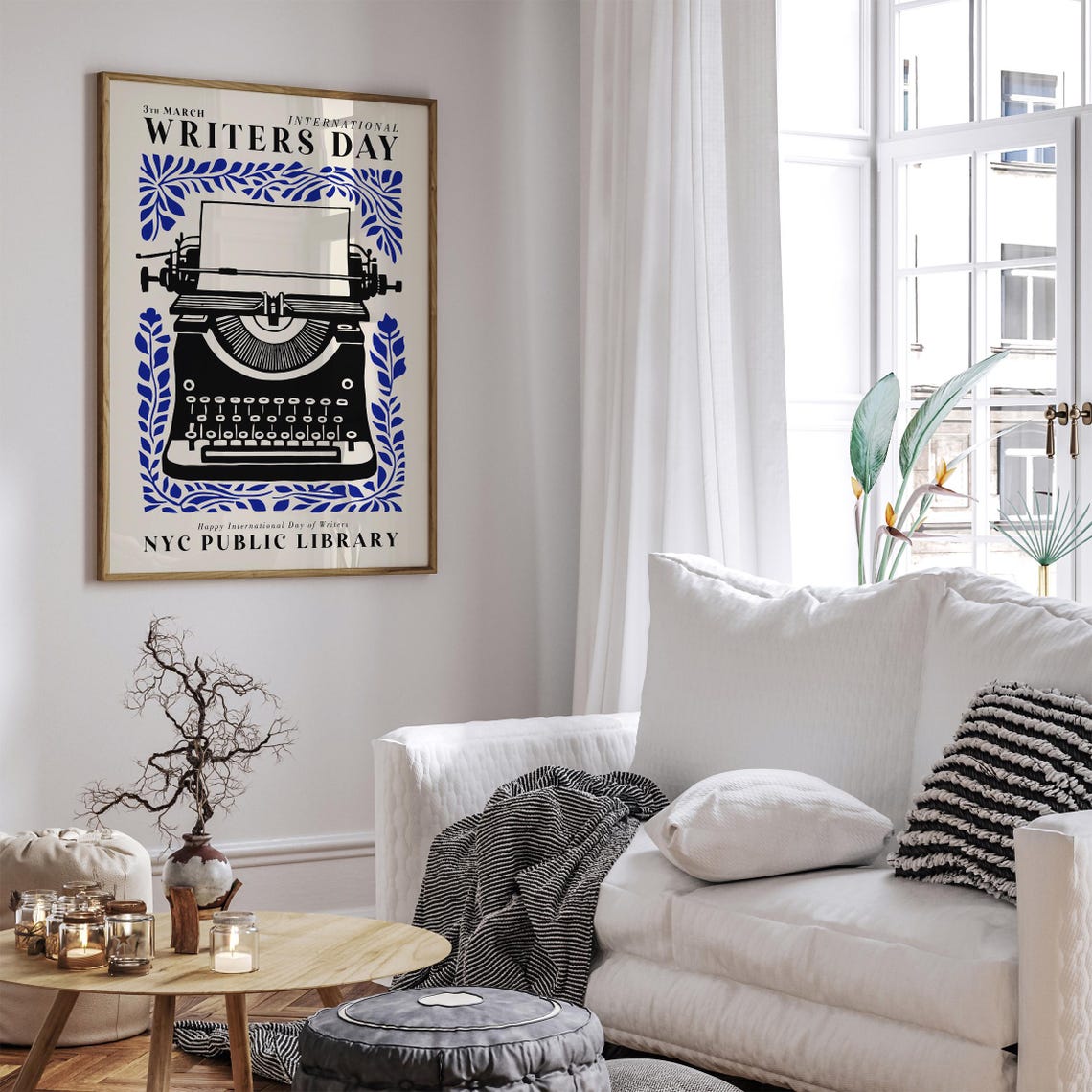 Gift International Writers Day Black Typewriter Blue Leaf Poster - Image 6