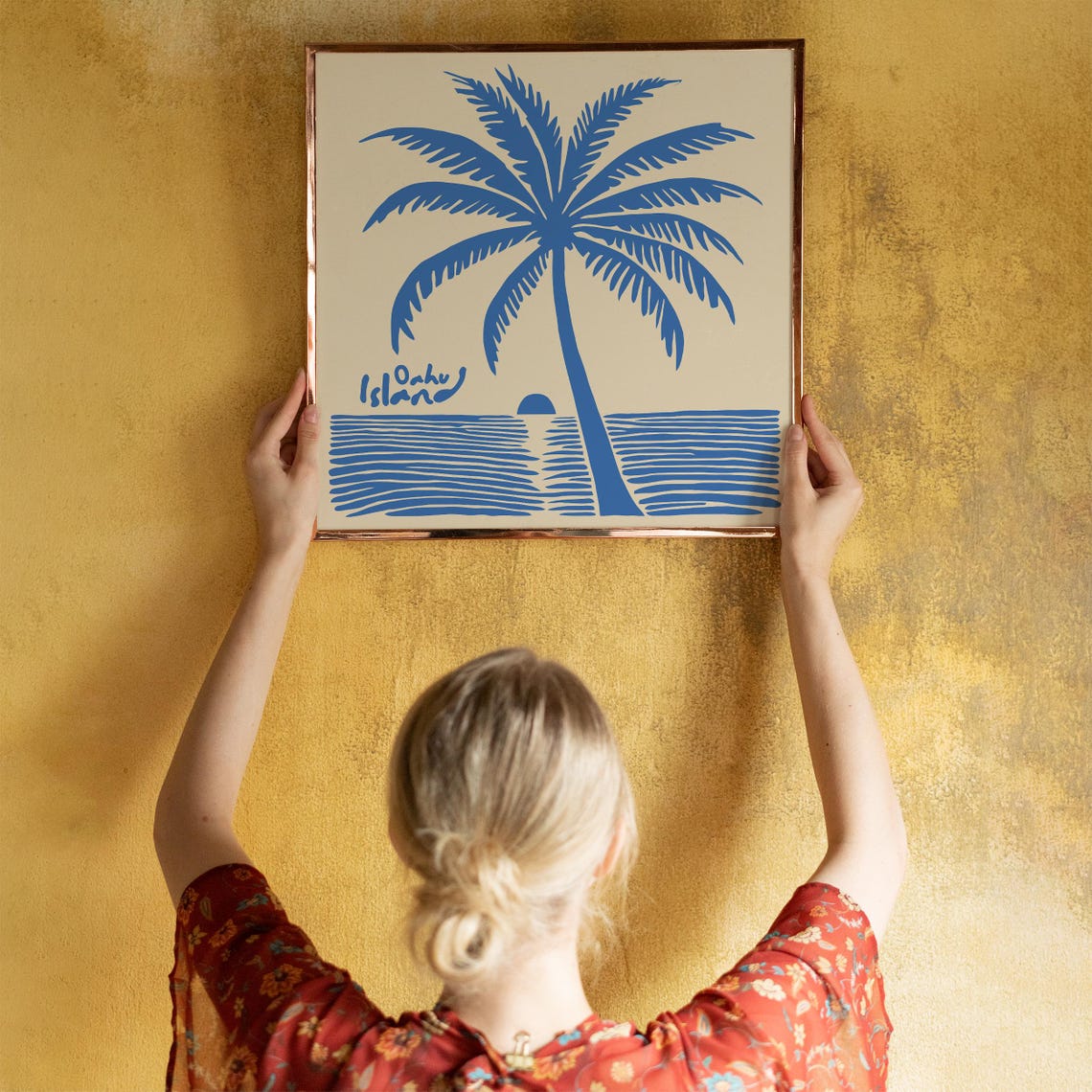 Oahu Island Blue Palm Tree Over Calm Ocean Minimal Art Poster - Image 3