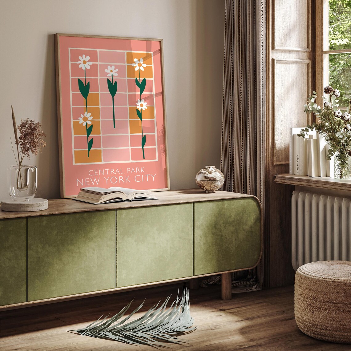 Peach Retro Central Park New York City Daisies Floral Poster - Image 4