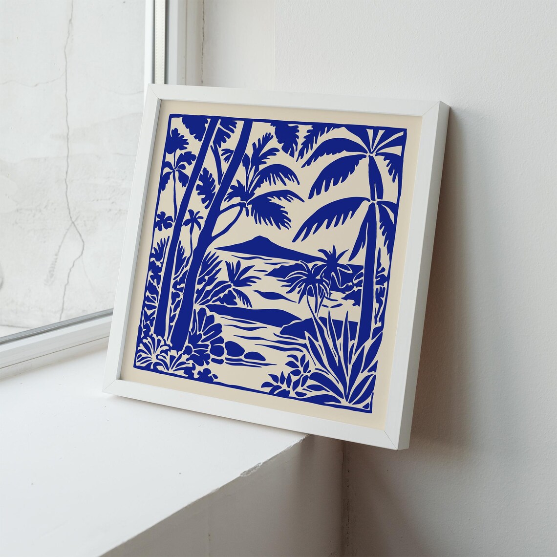Hawaii Blue Ink Palm Lagoon Linocut Tropical Travel Art Poster - Image 5