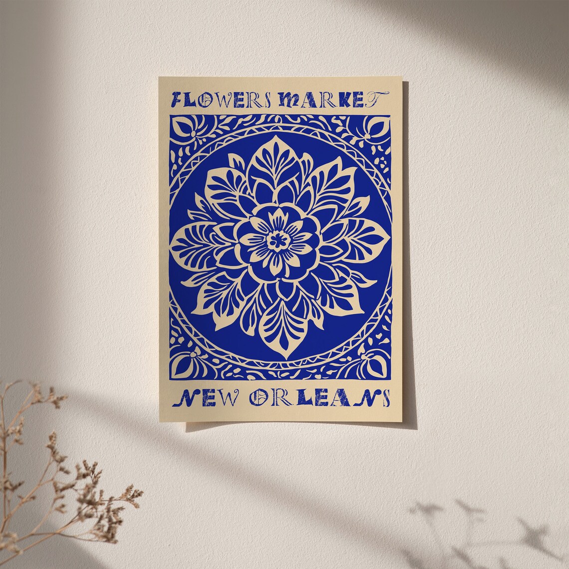 New Orleans Flower Market Indigo Blue Botanical Linocut Poster - Image 2