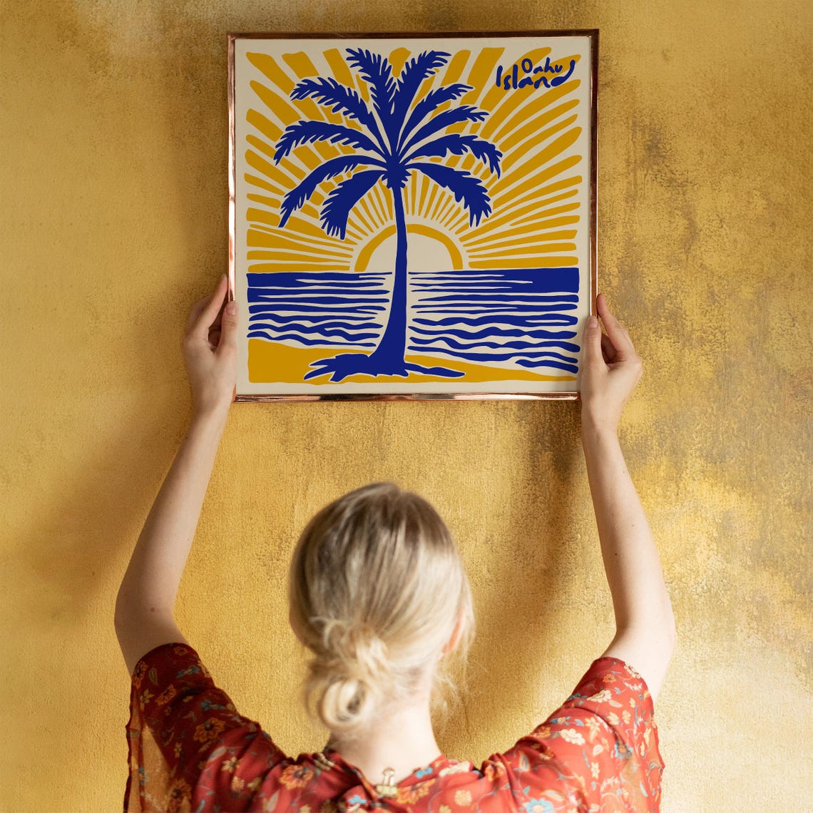 Oahu Island Cobalt Palm Tree Sunset Beach Square Graphic Art Poster - Image 2