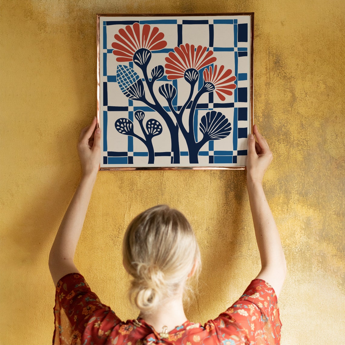 Blue Red Floral Botanical Grid Folk Cutout Style Modern Art Print - Image 5