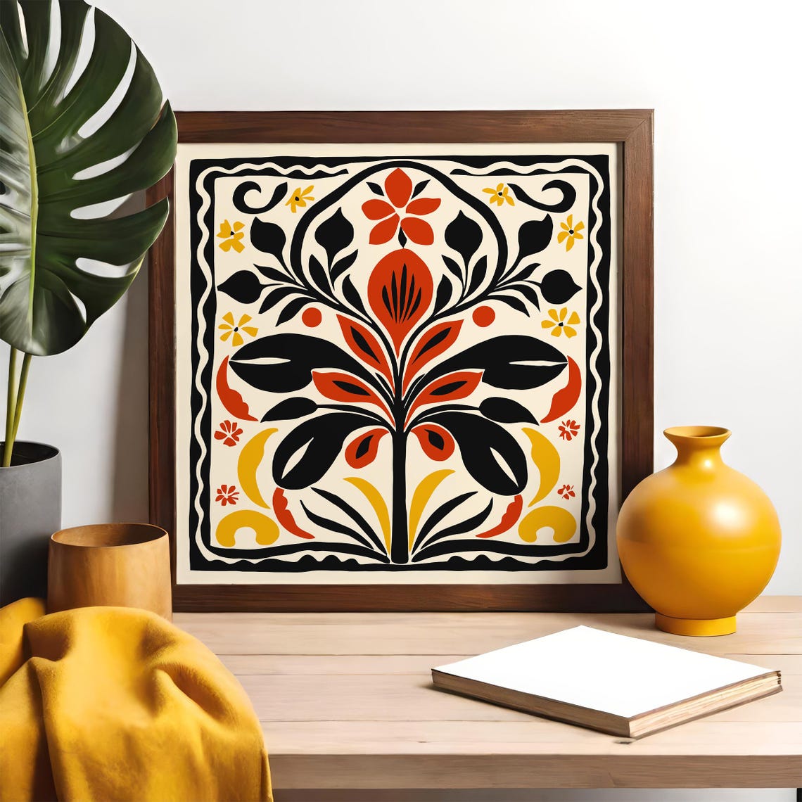Bold Abstract Folk Floral Tile Square Art Poster In Warm Colors - Image 2