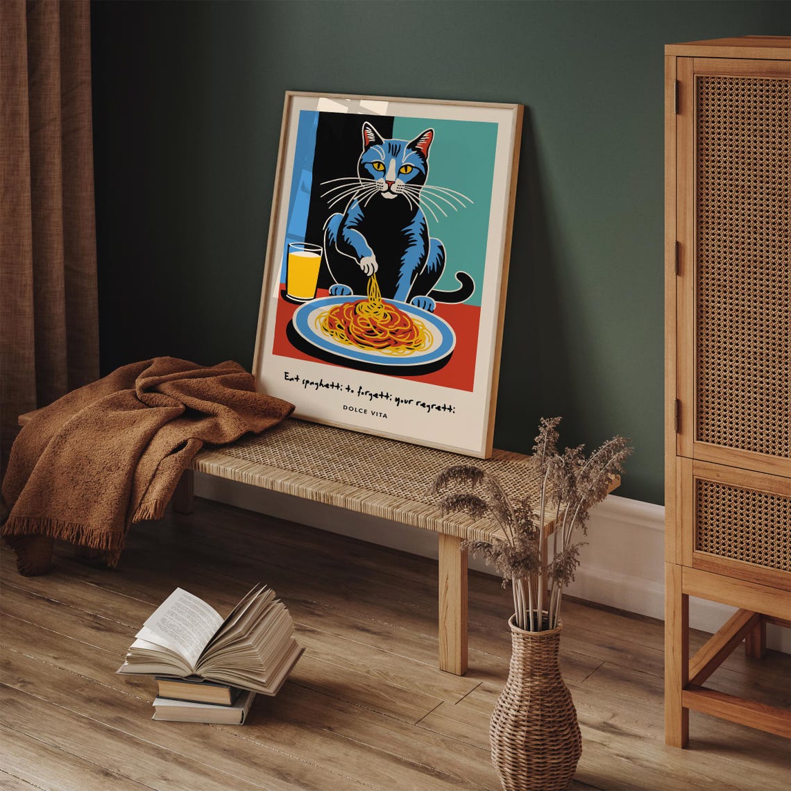 Blue Cat Spaghetti Poster Dolce Vita Eat Spaghetti To Forget Regretti - Image 6