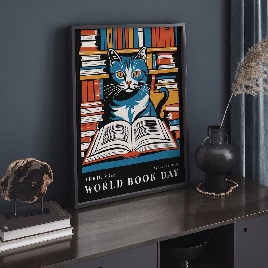 World Book Day Blue Cat Reading Library Bookshelf Art Poster - Image 6