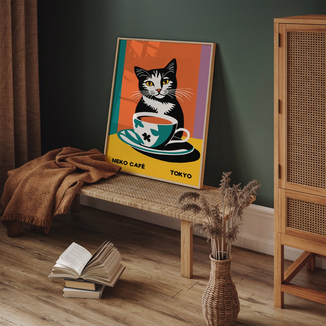 Tokyo Neko Café Black Cat With Teacup Bold Retro Pop Art Poster - Image 4