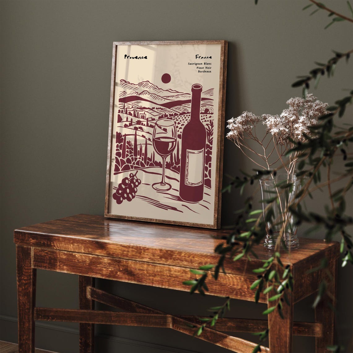 Provence France Wine Burgundy Ink Vineyard Bottle Glass Poster - Image 4