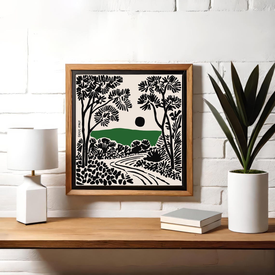 Sicily Italy Black Ink Pine Tree Landscape Linocut Travel Poster - Image 4