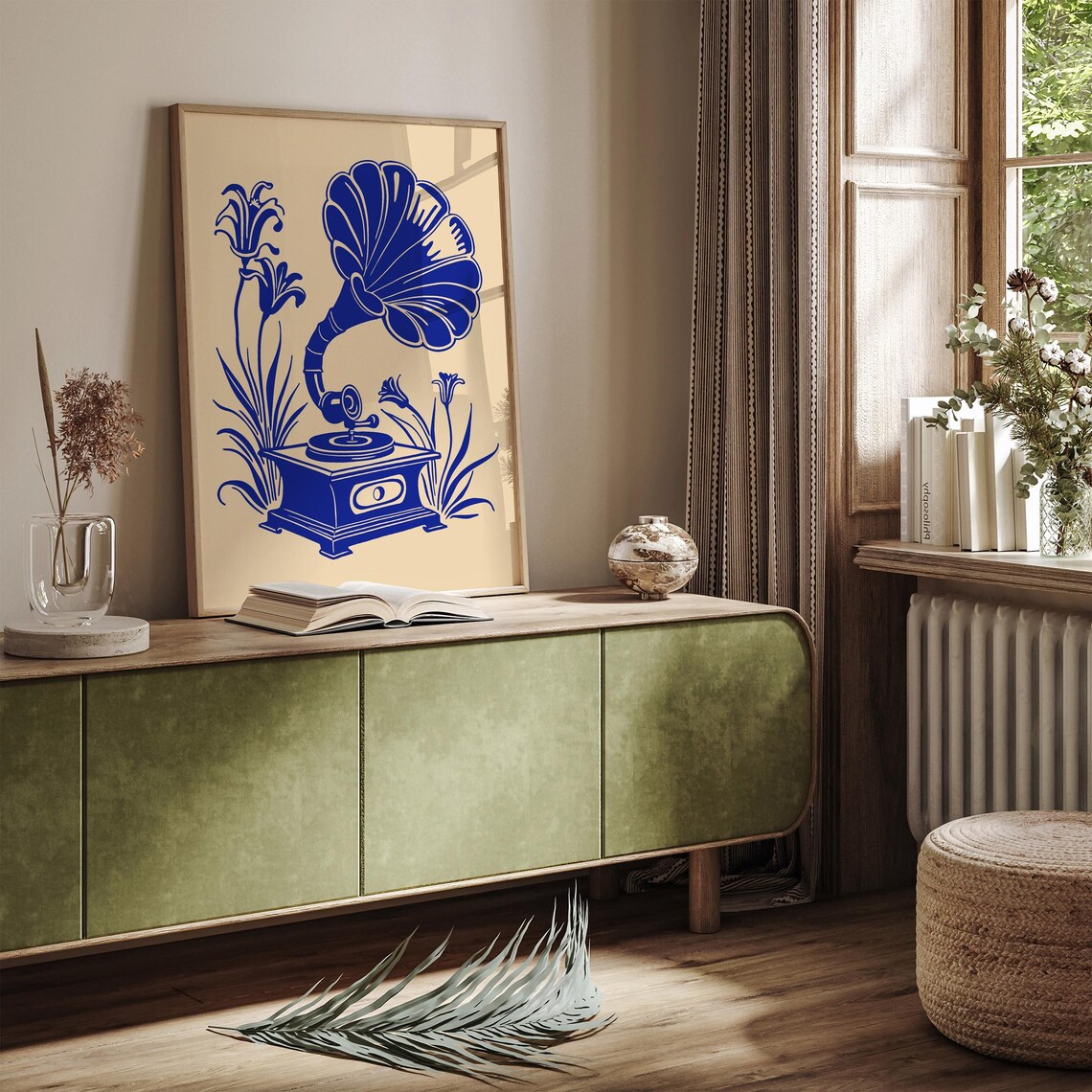 Blue Gramophone With Tall Lilies Vintage Music Room Decor Art Print - Image 3
