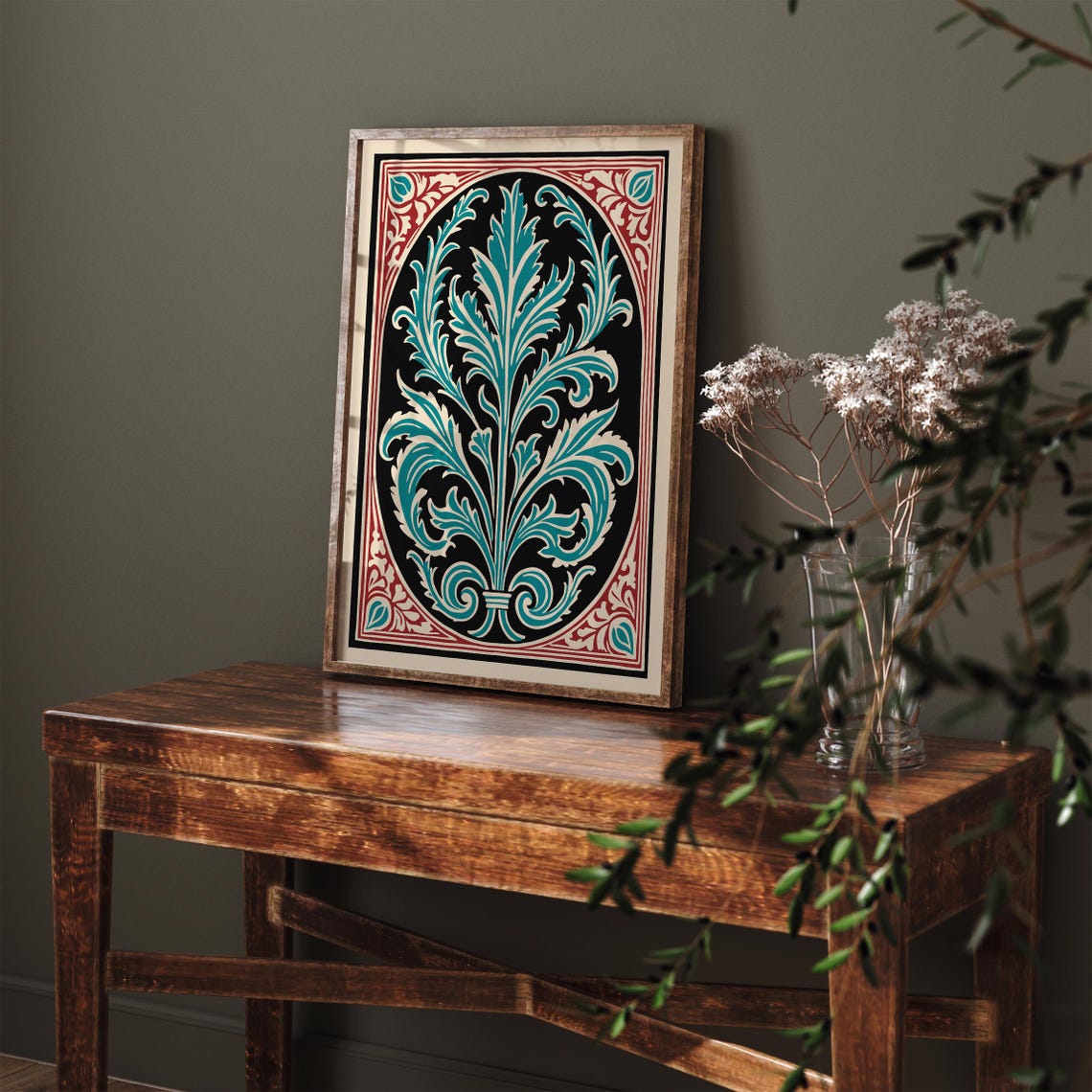 Teal Acanthus Leaf on Black With Red Ornament Border Vintage Poster - Image 4