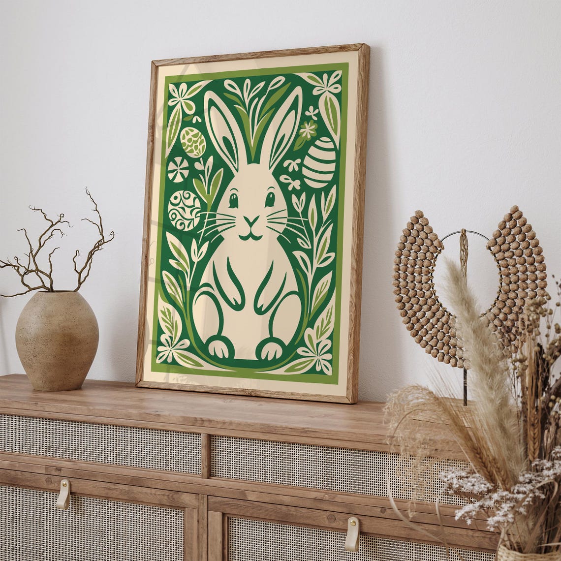 Cute Green And White Easter Bunny Poster With Decorated Eggs - Image 3