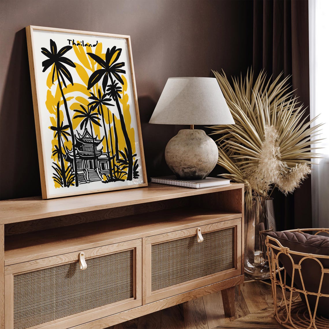 Thailand Tropical Temple Tall Palm Trees Colorful Travel Poster - Image 2