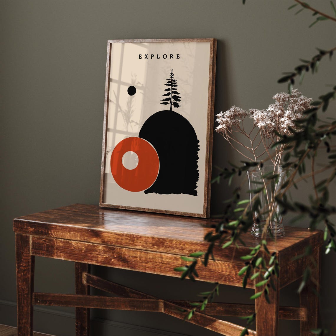 Explore Minimalist Travel Poster Scene with Red Sun and Pine Tree - Image 6