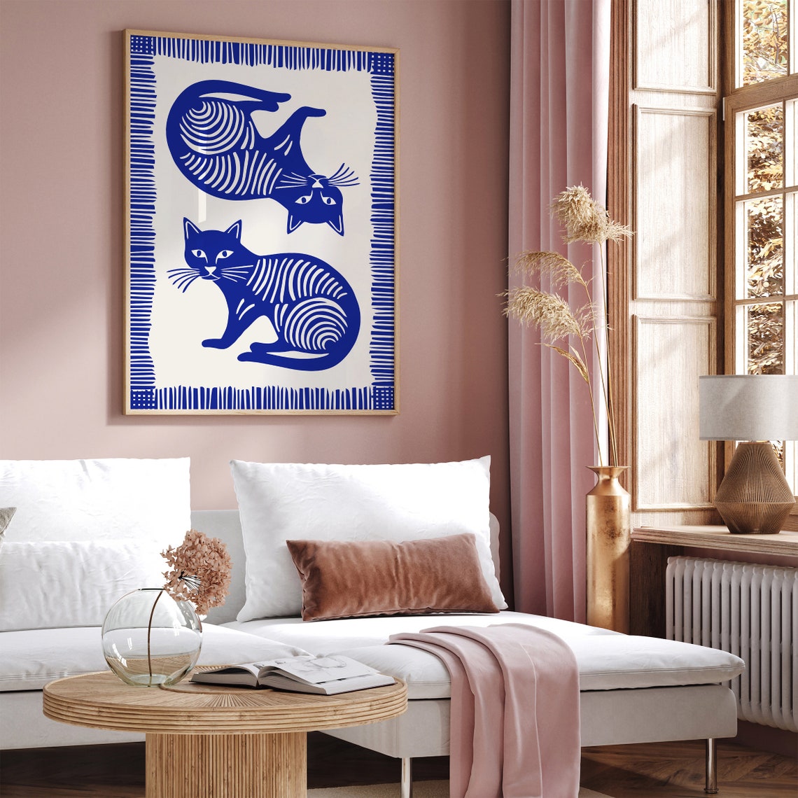 Blue Striped Linocut Cats Playful Modern Feline Wall Decor Poster - Image 2