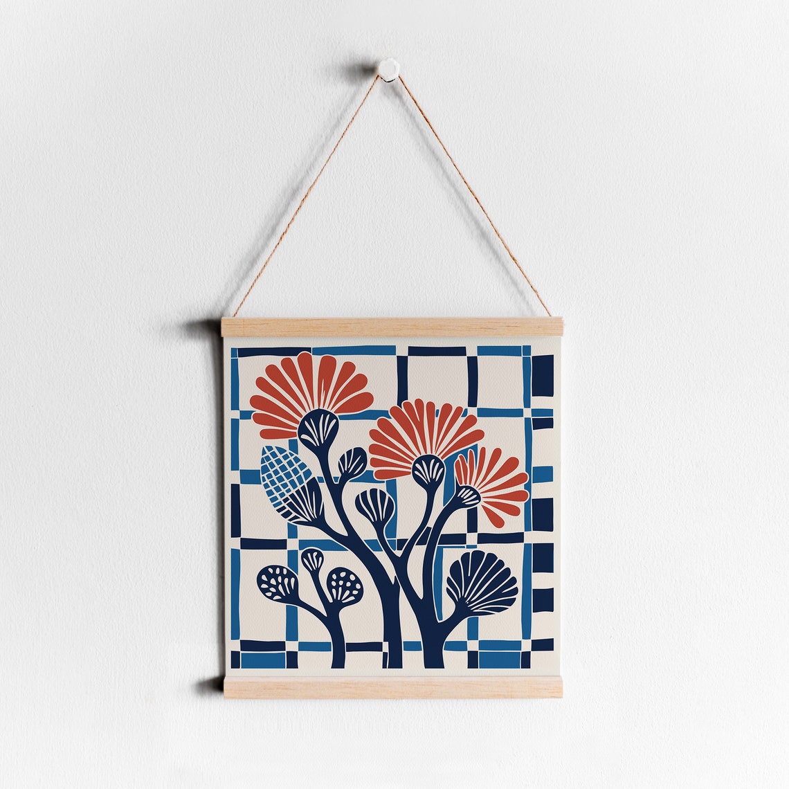 Blue Red Floral Botanical Grid Folk Cutout Style Modern Art Print - Image 4
