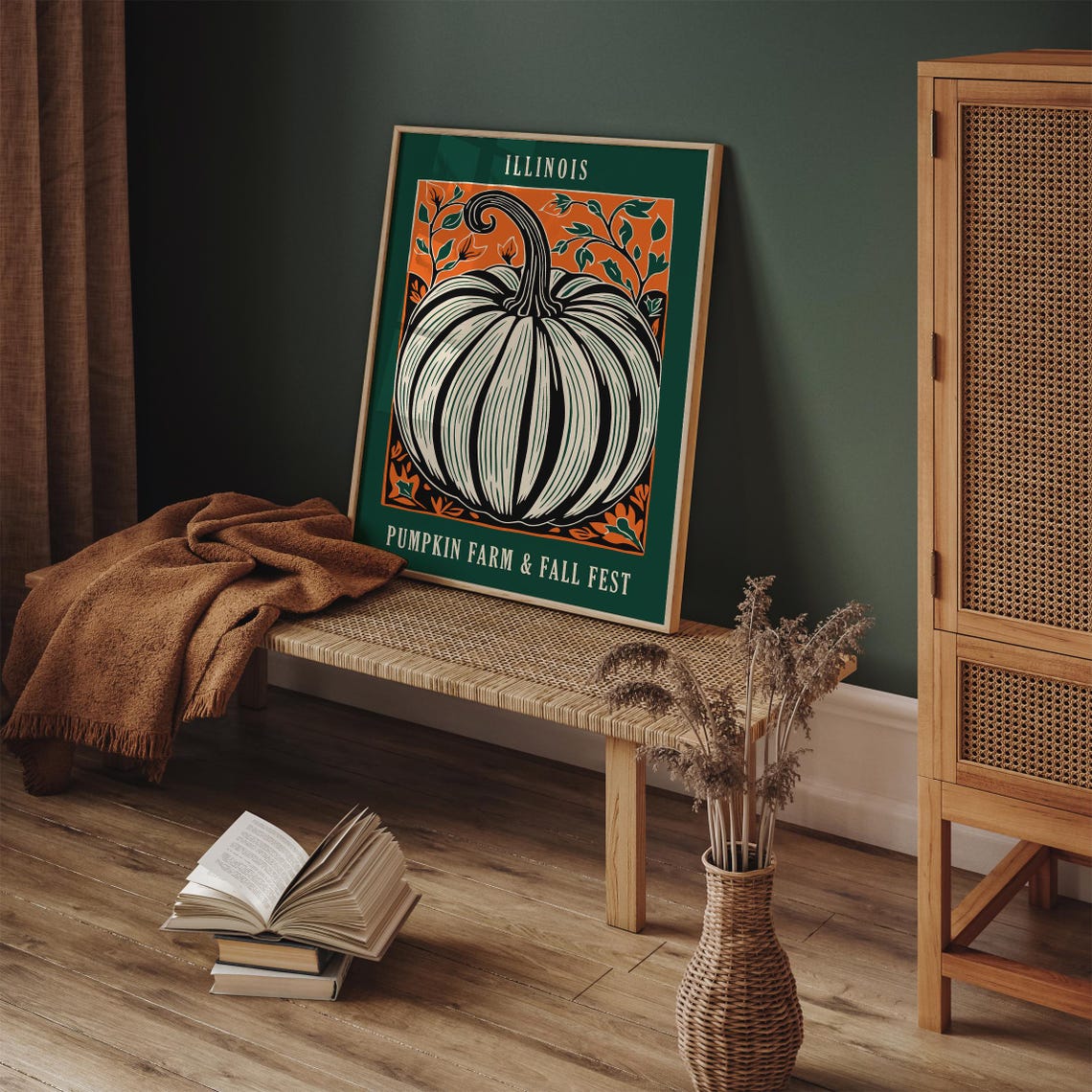 Illinois Pumpkin Farm Fall Fest Harvest Linocut Style Poster - Image 6