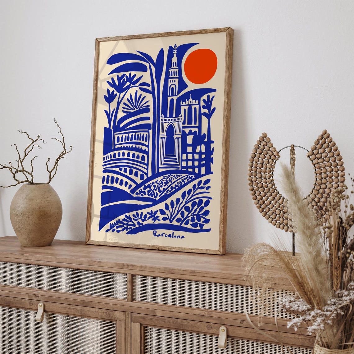 Barcelona Blue Indigo Architecture Red Sun Abstract Art Poster - Image 2