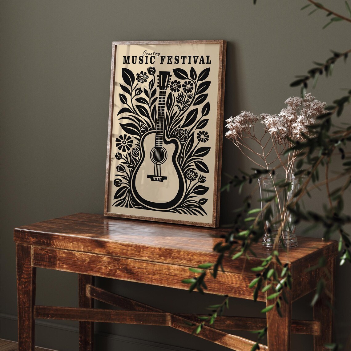 Country Music Festival Black and Cream Guitar Floral Art Poster - Image 2